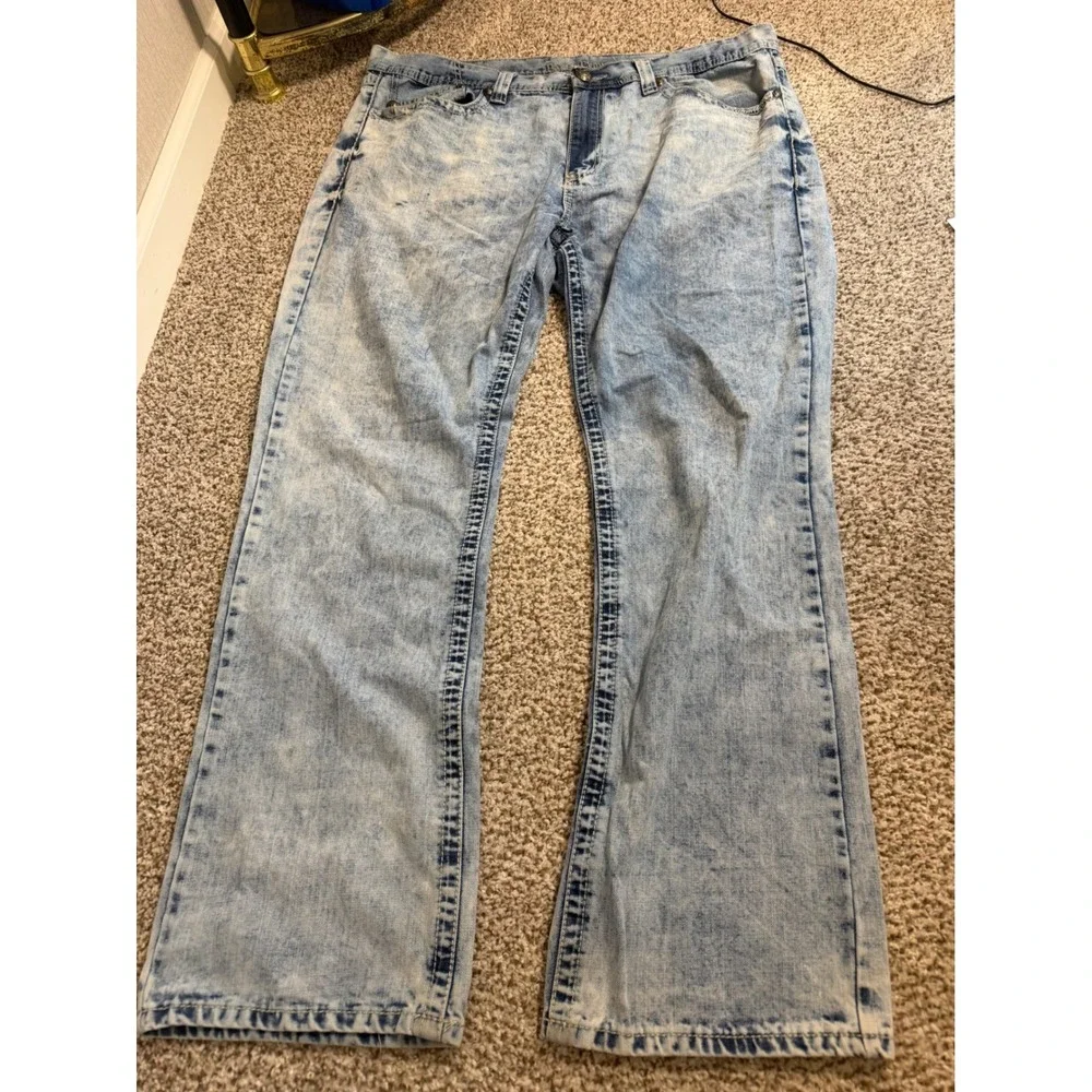 Axe & Crown Mens Slim Fit Acid Wash Blue Denim Jeans 40x32 Embroidered Pockets